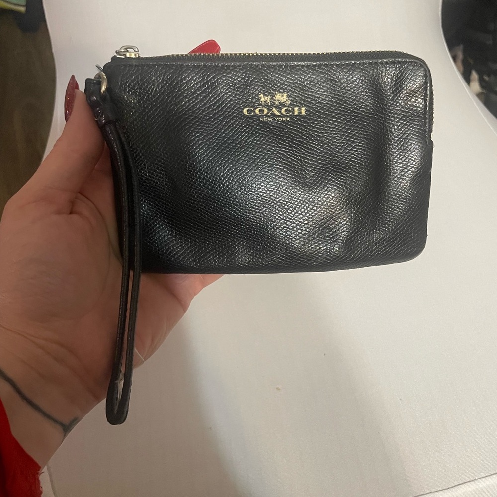Coach Black Leather Wristlet coin purse cards coast logo words
